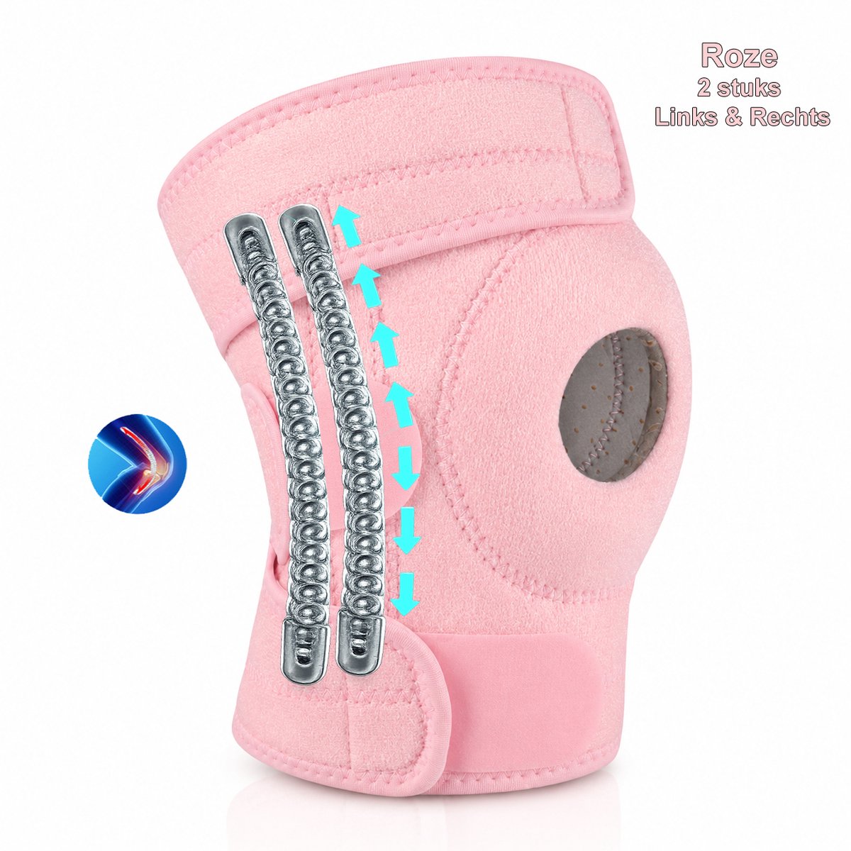 Kniebrace met Zijstabilisatoren – 2 Stuks - Voor Links & Rechts - Verstelbare Ademende Kniebandage – Ondersteuning bij Sport, Meniscus, Patella en Kniepijn - Patellabrace - Patellabandje - Een maat - Roze