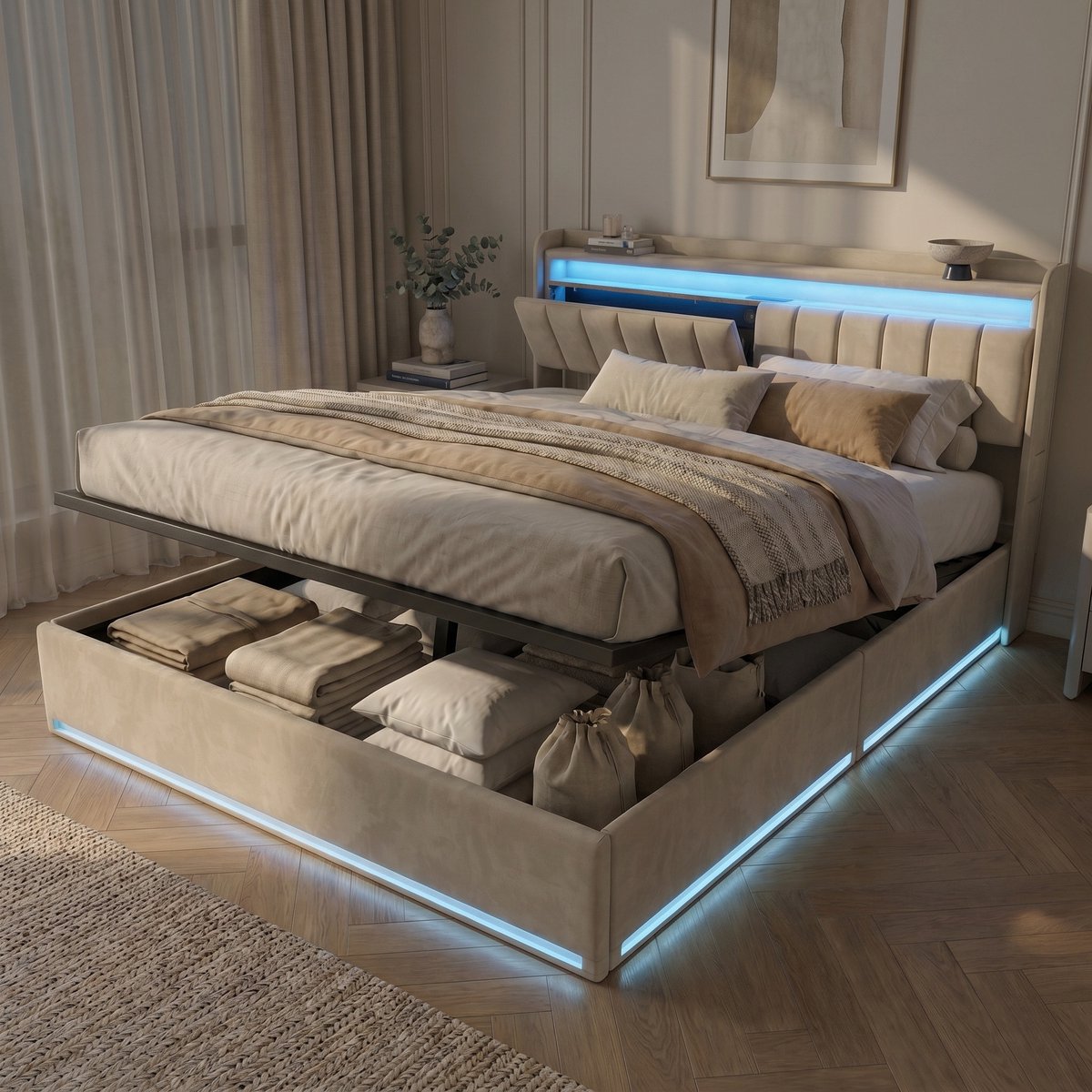 Gestoffeerd Opbergbed 140x190 cm - Tweepersoonsbed met RGB LED en USB - Hoofdbord met plank - Lattenbodem - Fluwelen - Beige