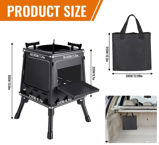 NordHaus Opvouwbare Campingkachel - Houtkachel - Buitenkachel - Draagbare Houtkachel met Verstelbare Pannenhouders - Inclusief Draagtas - 22 x 22 x 35 cm - Zwart — afbeelding 3