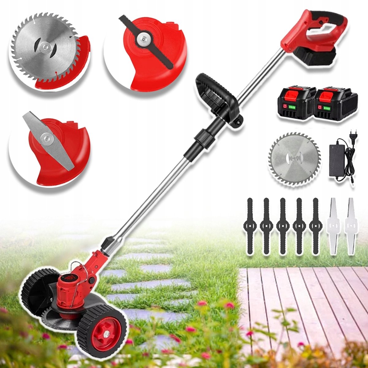 Draadloze Grastrimmer Met 2 Duwwielen - Opvouwbaar Dubbele Bedieningsschakelaar - 2500W 18000 Rpm - 3 Messen Verstelbare Handgreep 95-135 cm - Zwart & Rood
