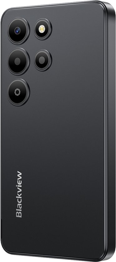 Zwarte smartphone, schuin van achteren gezien, met 4 camera's en logo.