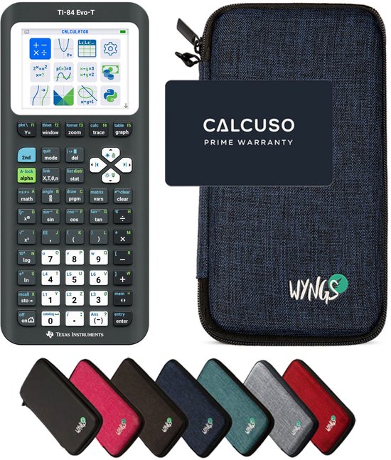Blauw "WYNGS" etui met grafische rekenmachine Texas Instruments TI-84 Evo-T en "CALCUSO PRIME WARRANTY" kaart. Meerdere kleuren etuis.