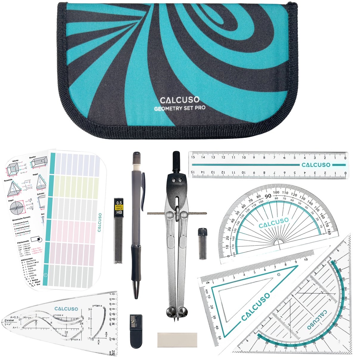 Geodriehoeken & Passer Set – Turkoois etui met liniaal, gum, sjabloon en formules