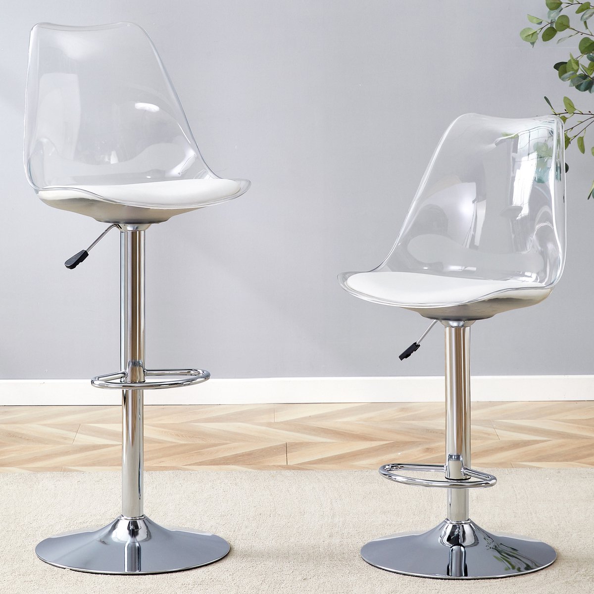 Clruro Barkruk Set - 2 Stuks - Transparante Rug - Hoogteverstelbaar - PU-Leer + Metaal - Zilver