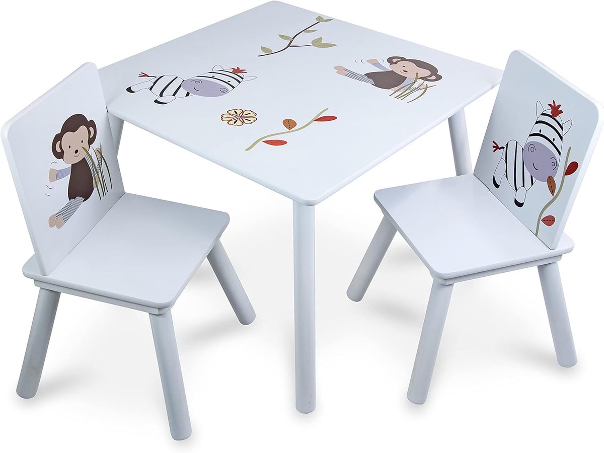 Kindertafel met stoelen - Houten meubelset - Spelen en knutselen - Vrolijk dierpatroon - 59 x 59 x 45 cm