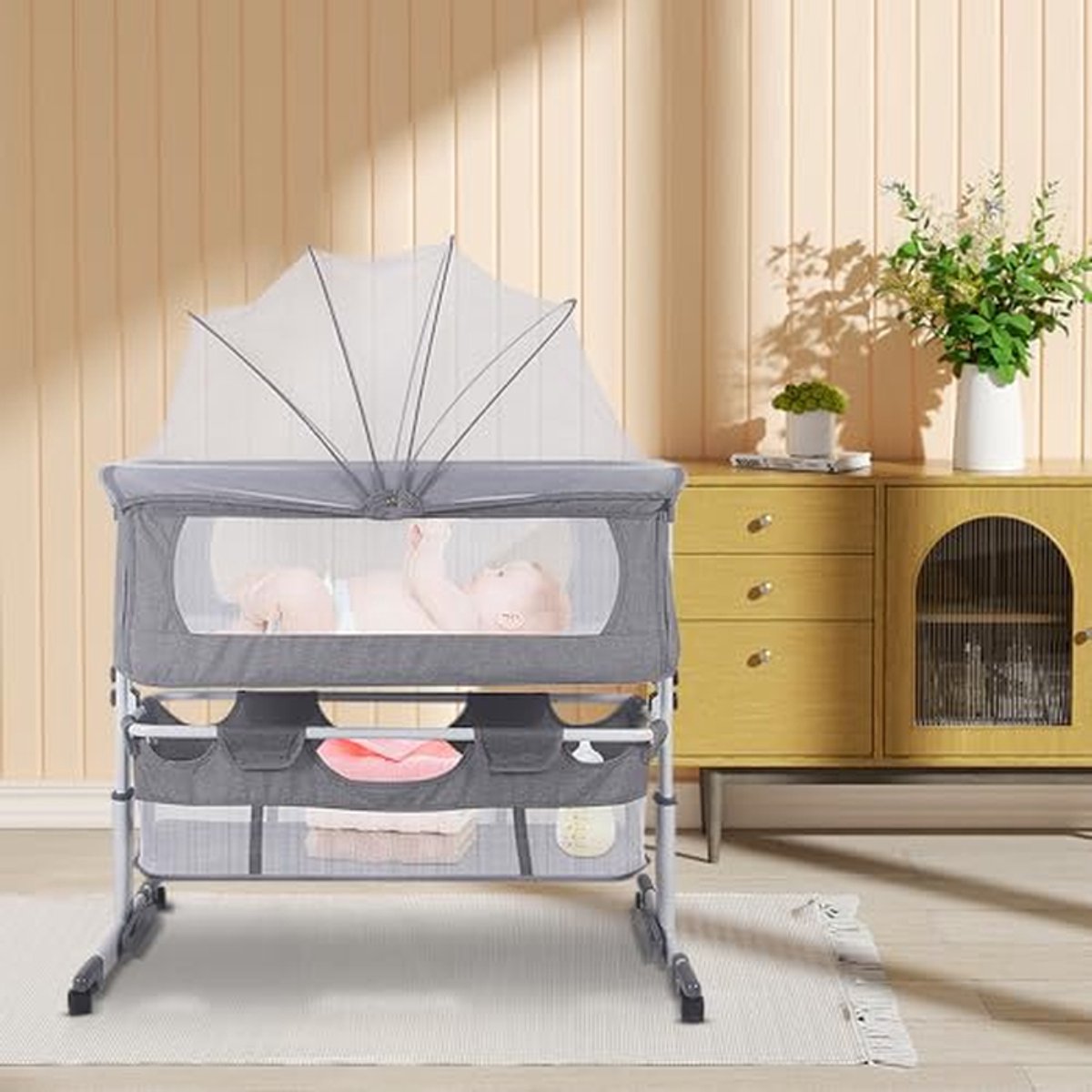 Babybed Sleeper - Kinderbedje Opbergmand - Comfortabel Slapen - 5 Hoogte Verstelbaar - 92x58x70-90cm - Donkergrijs