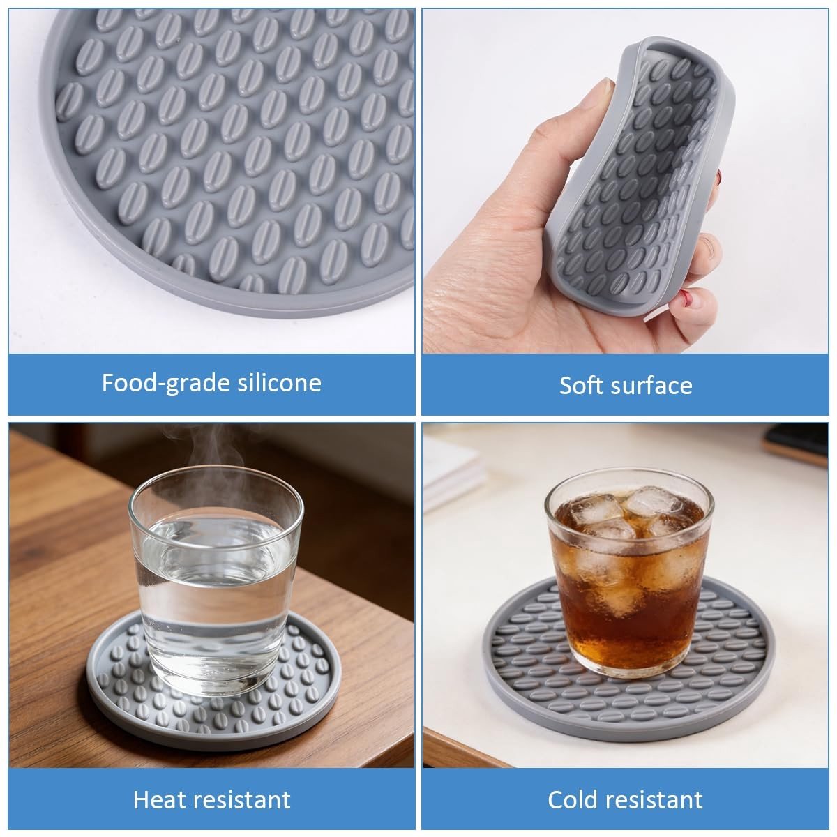 Dailygoods - 6 Stuks Ronde Siliconen Rubberen Mokonderzetters, Set Siliconen Drinkonderzetters met Metalen Houder, Siliconen Onderzetters met Houder, Glazen Onderzetters, voor Cocktails, Koffie, Drankjes (Grijs)