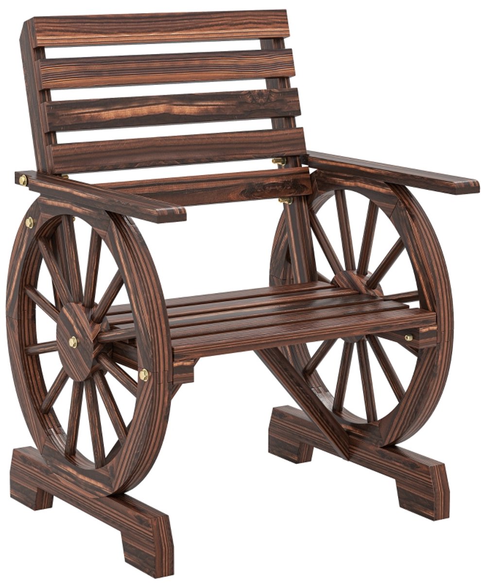 Fauteuil - Landelijke Tuinstoel Met Wagenwiel Design - Met Armleuningen En Lattenzitting -