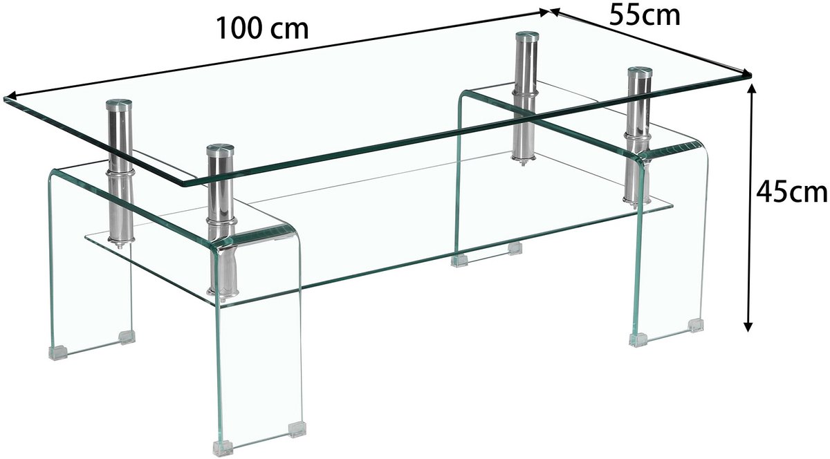 YYchan glazen salontafel van gehard glas met glazen poten - transparant - 100 x 55 x 45 cm