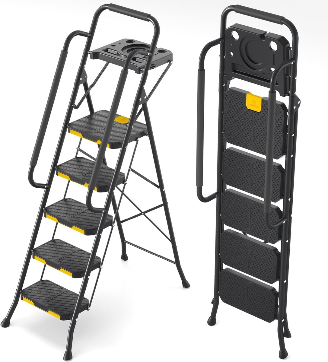 Inklapbare Ladder - Opstapladder Huishoudtrap - Huishoudelijk Gebruik - Met Gereedschapsbak - 5 Treden - Zwart
