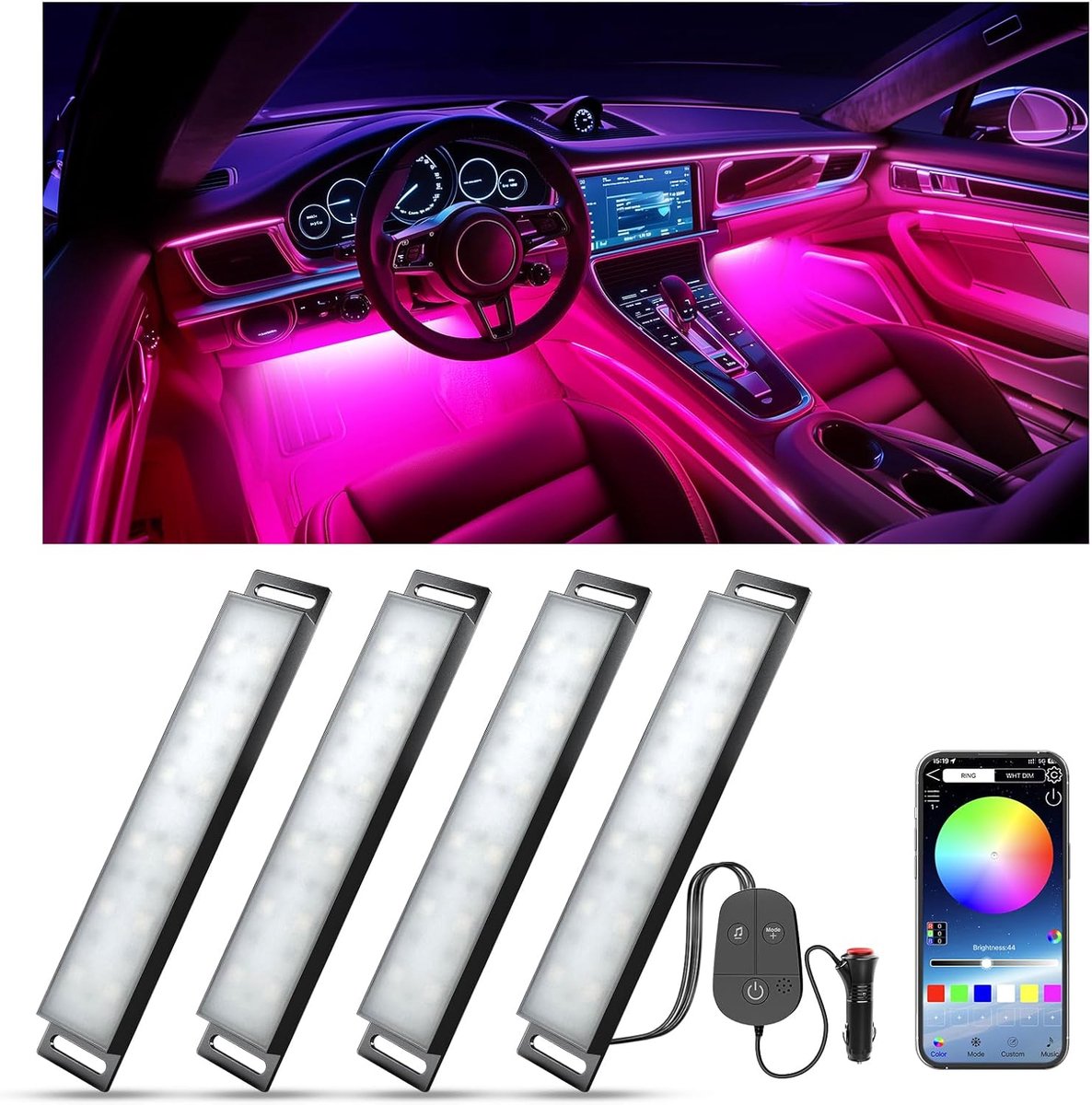 SnelShoppen - LED Verlichting Auto Interieur RGB, App Bediening, 16 Miljoen Kleuren, Muziekmodus, Kleur Geheugen, Duurzaam en Waterdicht, DC 12V, Perf