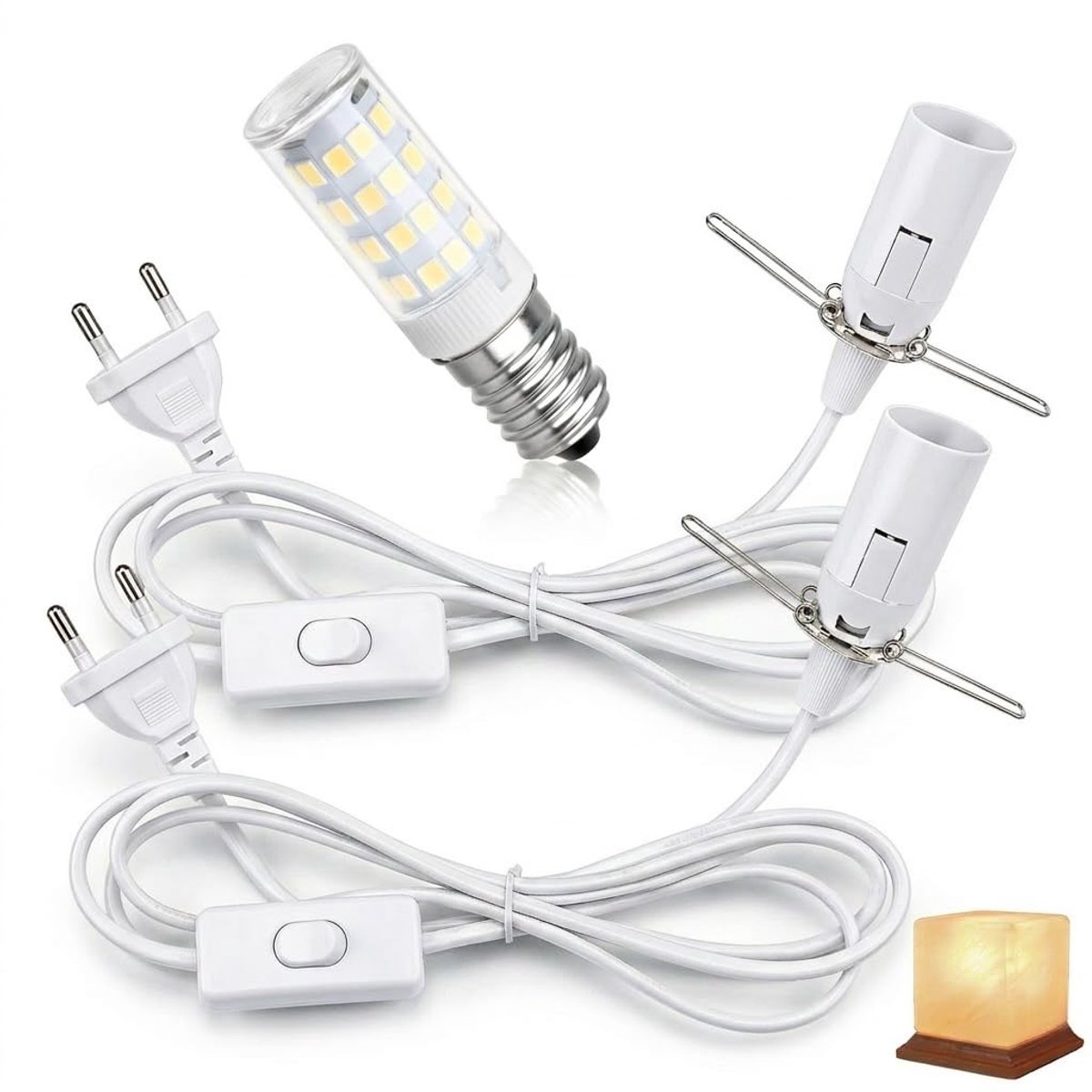 SnelShoppen - Kabel met schakelaar voor zoutlampen, E14 lamphouder set van 2 fittingen, 1,8 m kabel, inclusief 6000 K 5 W ledlamp, ideaal voor kristal