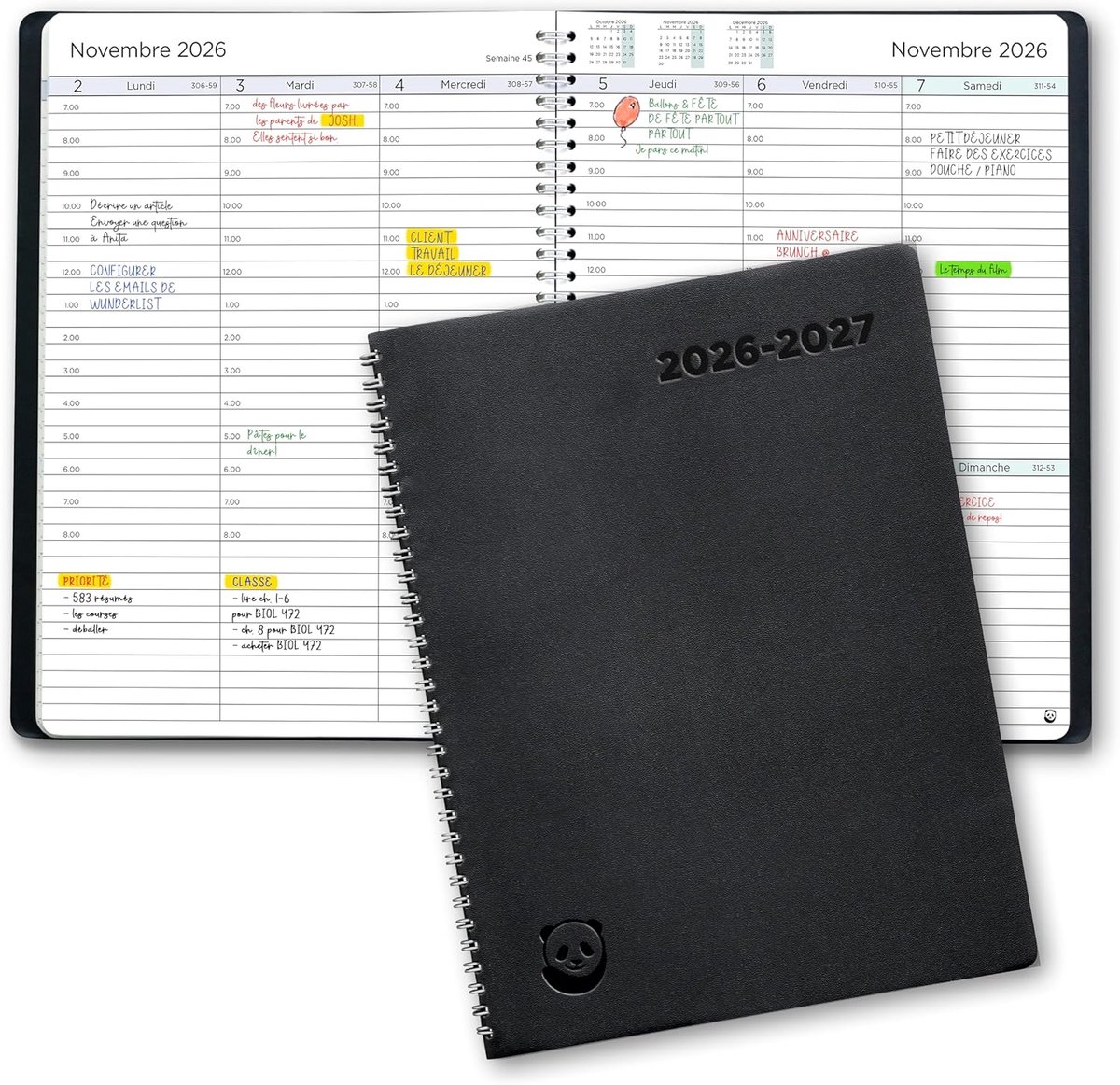 SnelShoppen - Smart Panda Dagboek 2026 2027 A4 - Franse Taal - Luxe Notitieboek met Vooruitzicht, Geplande Pagina's, Perfect voor School, Werk en Pers