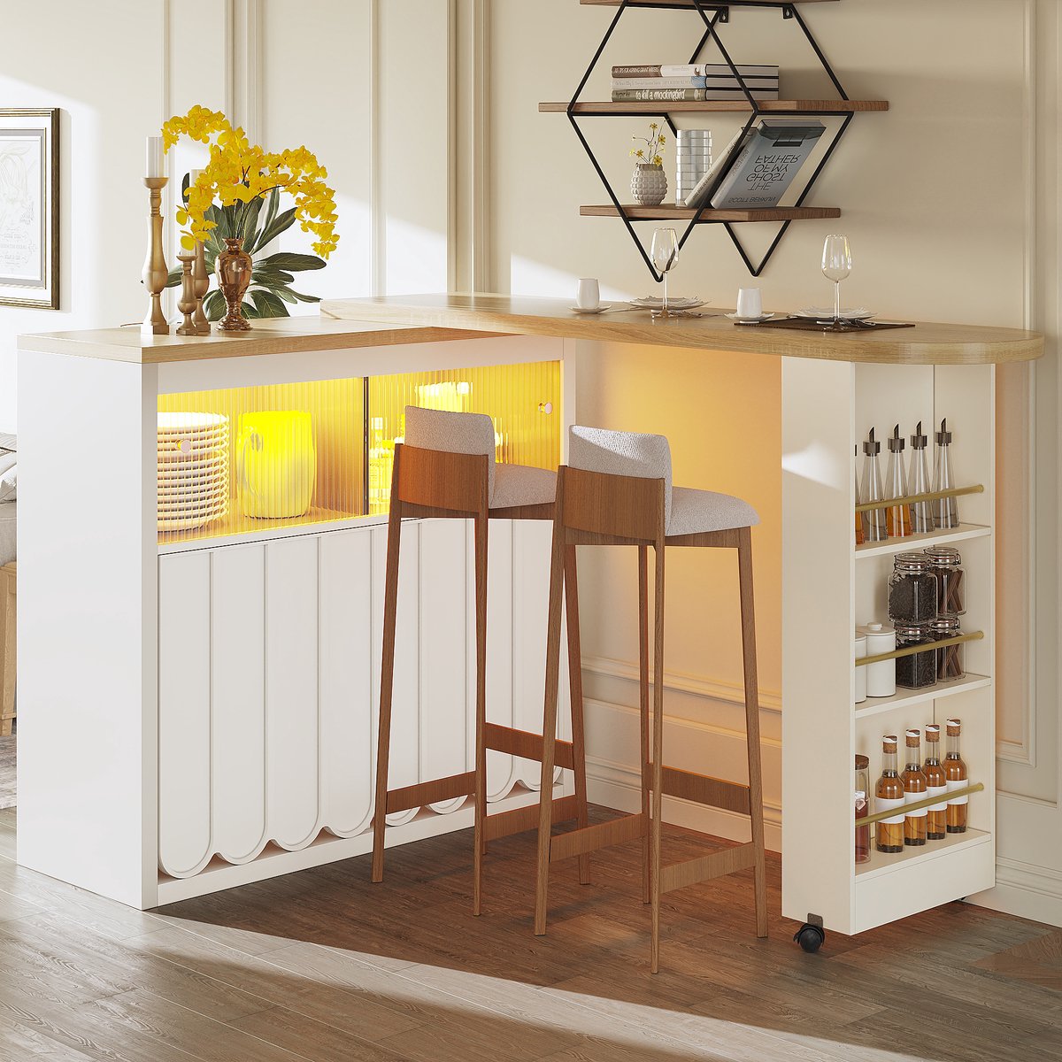 Wishdor - Bartafel - Uitschuifbaar met opbergruimte en LED - Modern mobiel ontwerp - Woonkamer of eetruimte - Houtlook - Wit - 135-205 x 39 x 100 cm