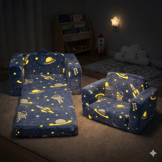 STILVORA Kinderfauteuil Compact Formaat - Opklapbaar Met Lichtgevend Ruimtepatroon En Afneembare Hoes - Voor Kinderkamer - Stof Blauw van STILVORA — afbeelding 2