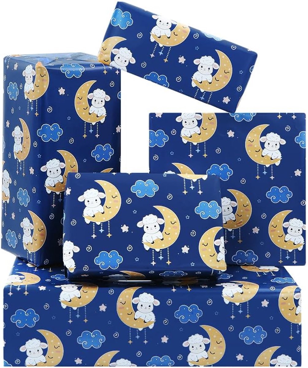 SnelShoppen - Eid Mubarak Cadeaupapier, Schapen Lam Maan en Ster Motief, 4 Vellen Feestelijke Verpakking voor Kinderen, Verjaardag, Islam, Ramadan, Fe