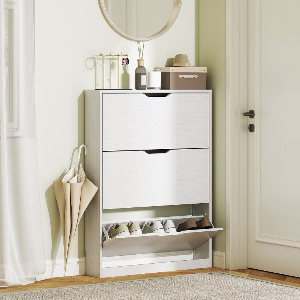 Wishdor - Schoenenkast - Smal 17 cm - 3 kleppen en opbergruimte voor 9-12 paar - Modern - Hal en gang - Bewerkt hout - Wit - 80 x 17 x 108 cm