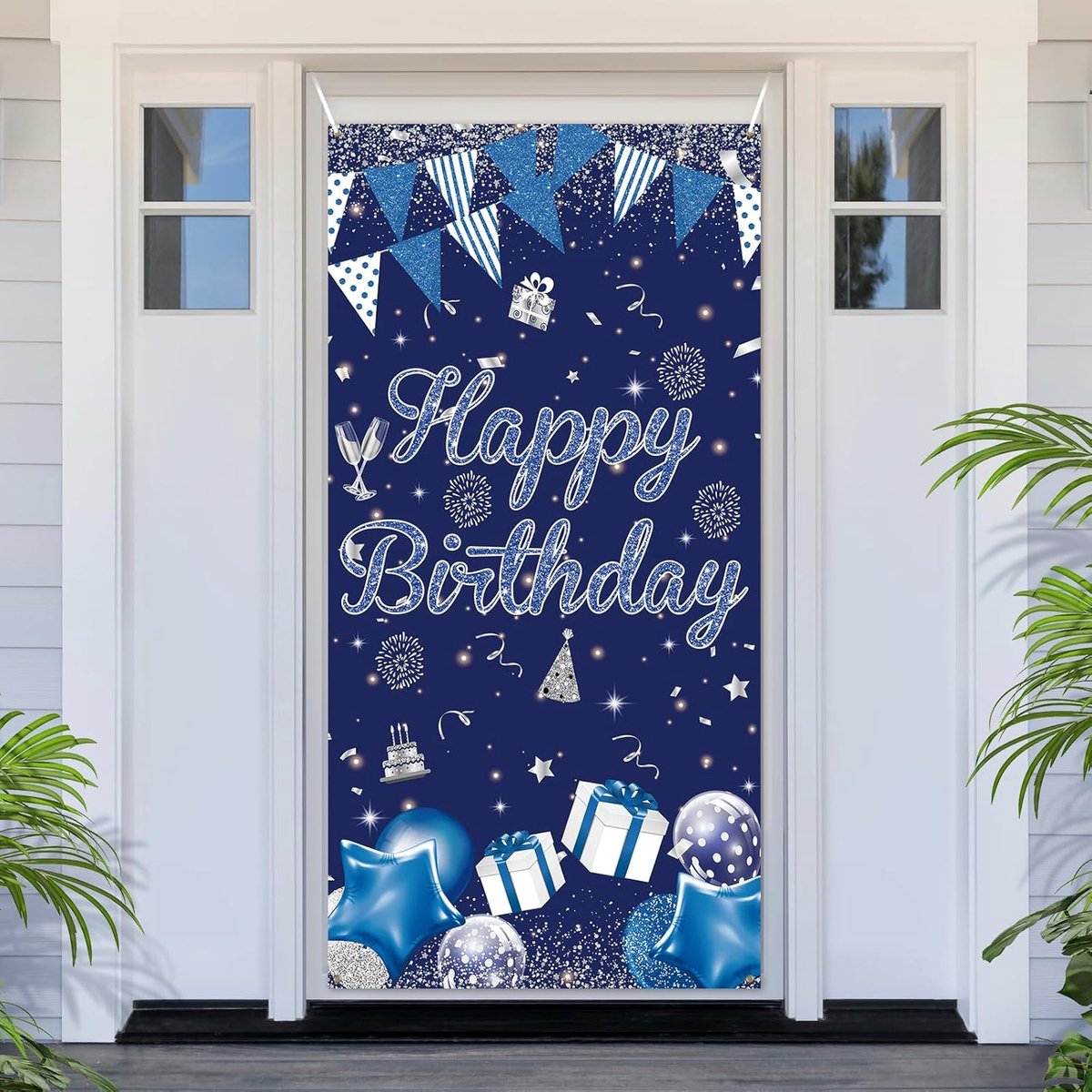 Grote Verjaardagsbanner Blauw Zilver - Feestdecoratie voor Fotohok Achtergrond