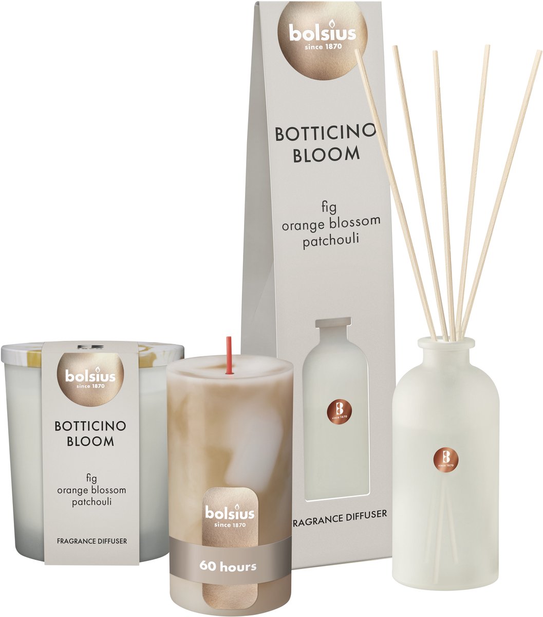Bolsius - Botticino Bloom set - Geurkaars - Geurstokjes - Marmerkaars - Beige