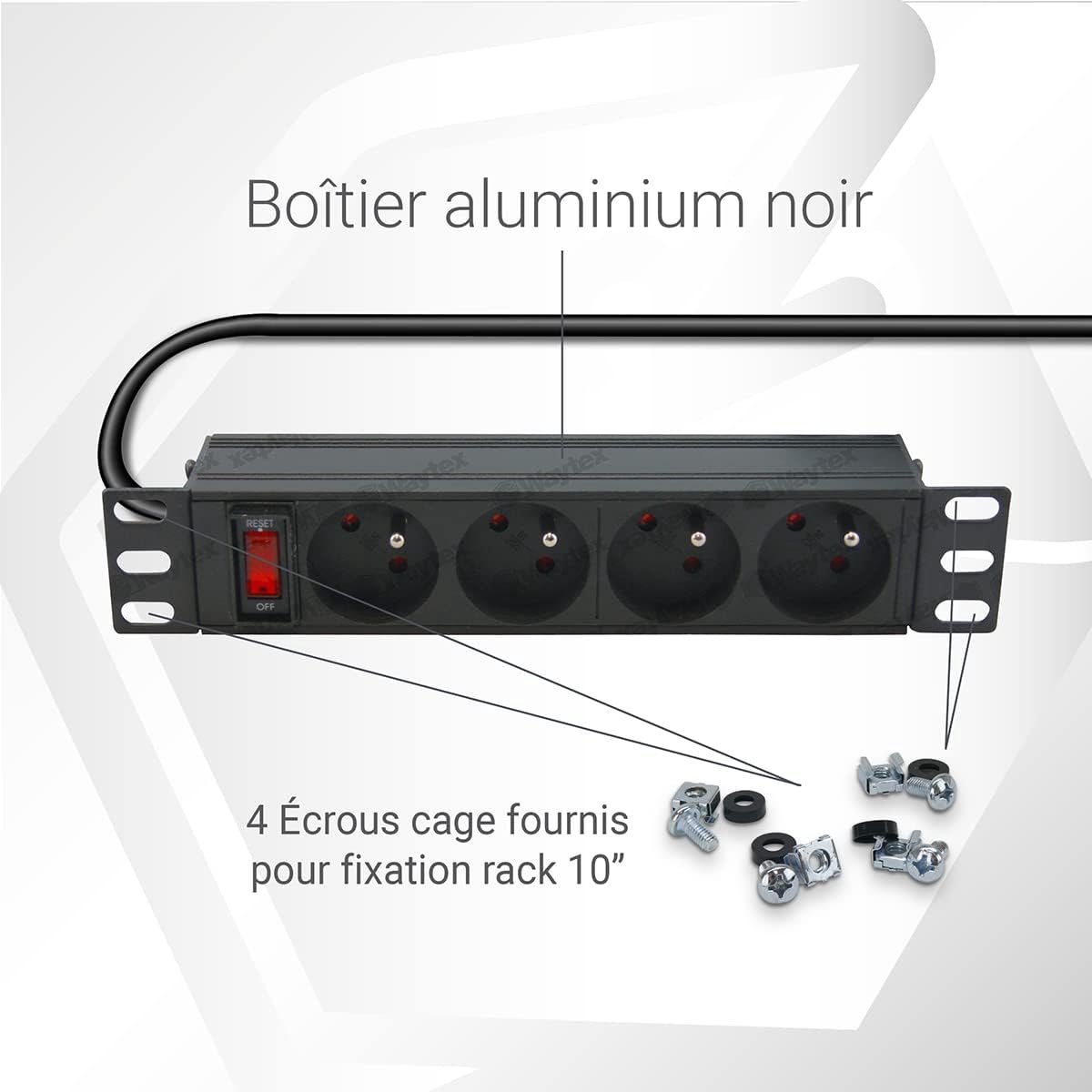 Thijox - WAYTEX 37489 PDU Stekkerdoos inklapbaar 25,4 cm, 4 stopcontacten type E, Aluminium, met schakelaar voor 10 inch rack, 1,80 m kabel