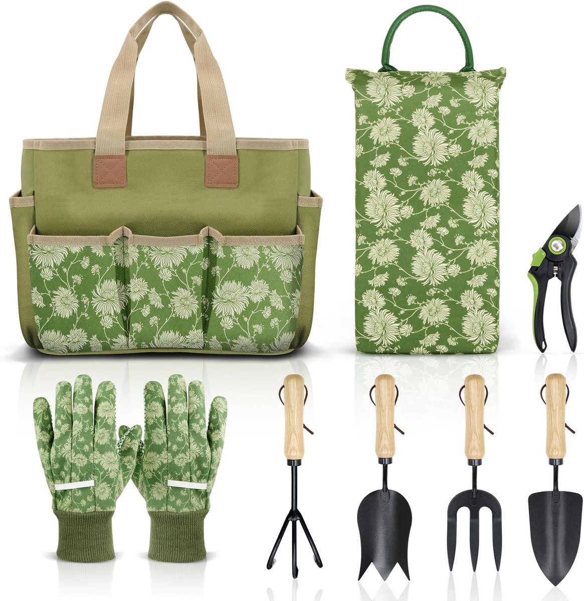 SnelShoppen - Tuingereedschapsset - Robuust Tuingereedschap met Houten Handvat - Inclusief Tuintas, Kniebeschermers, Handschoenen, Omplanter en Kweker