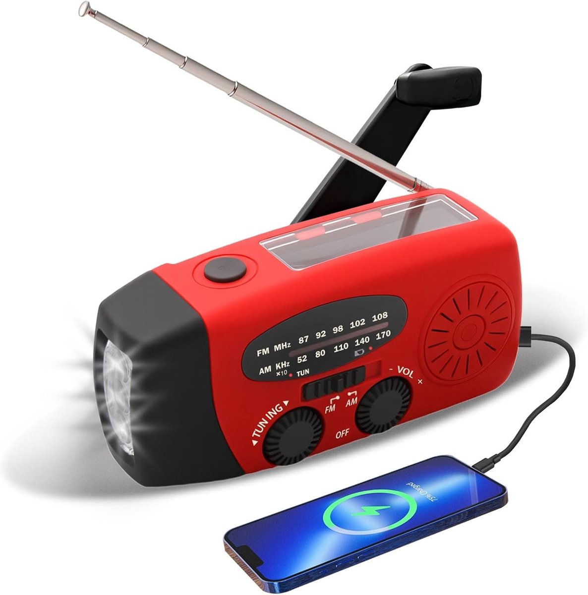 VHV - Noodradio - Solar handzwengel radio AM/FM - 3 LED zaklamp en 600mAh accu - Camping