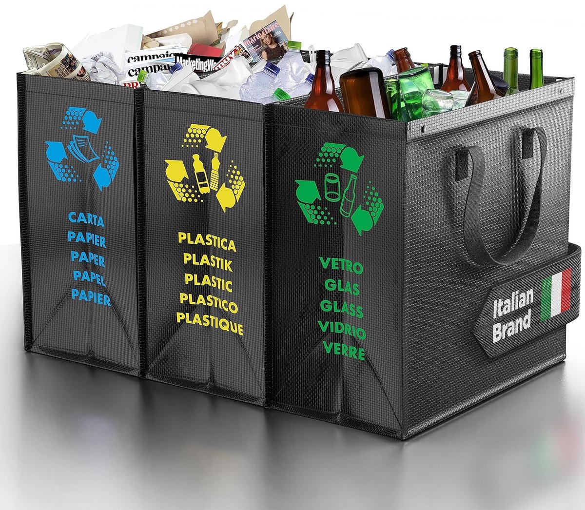 SnelShoppen - Prullenbak 3 Vakken - Afvalscheidingssysteem voor Papier, Glas en Plastic - Milieuvriendelijke Recycling Organizerzakken - Duurzame en H