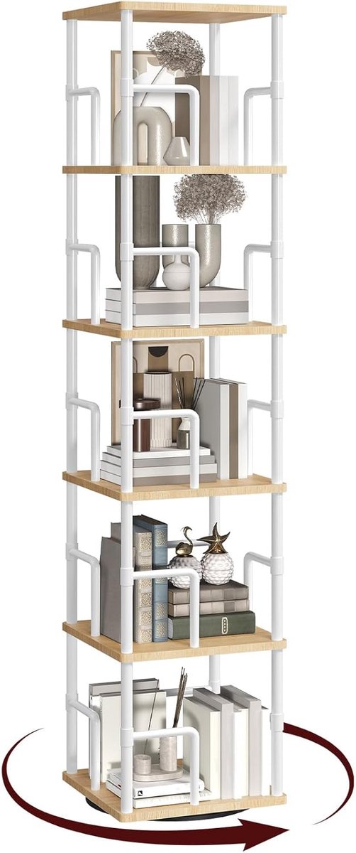 SnelShoppen - 5-laags Draaibare Boekenplank Hoekplank - Industriële Staande Plank - Wit Spaanplaat met Metalen Constructie voor Woonkamer, Slaapkamer,