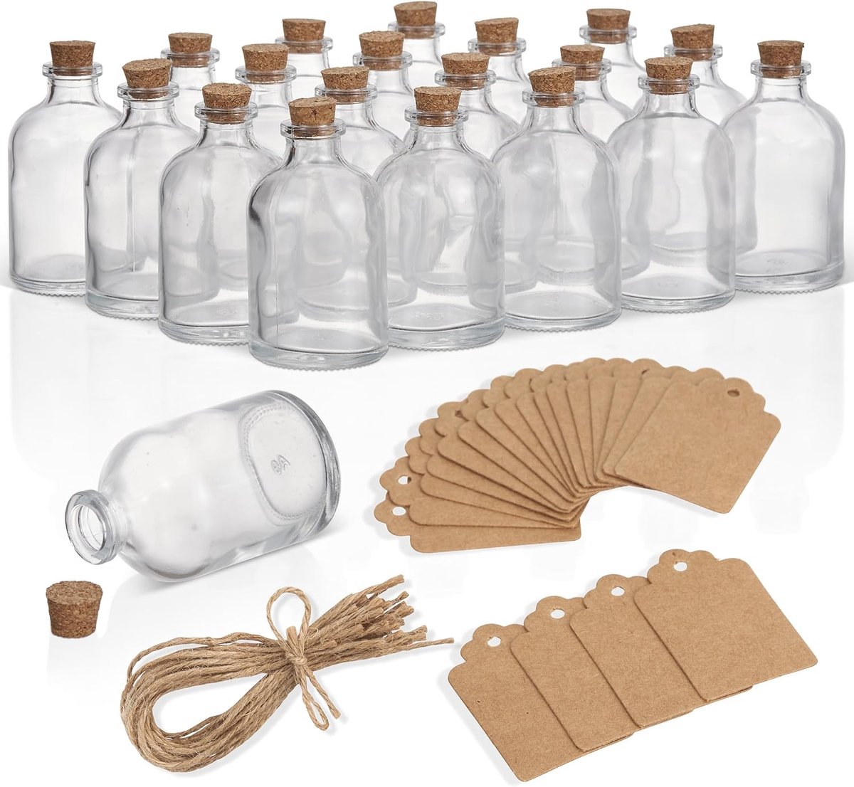 SnelShoppen - 20 Mini Glazen Potjes met Kurkstop, Koord & Labels (50ml) - DIY Decoratie voor Bruiloften, Verjaardagen, Doopsels & Feestjes