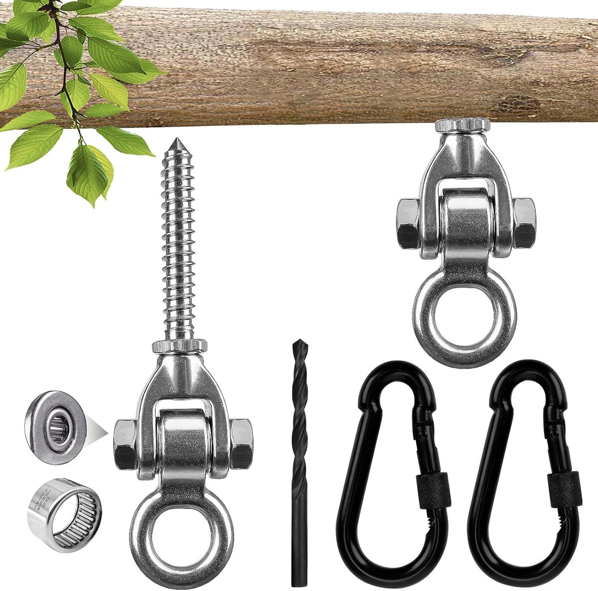 SnelShoppen - Set van 2 Schommelhaken met Lager en Karabijnhaak, 150 mm Roestvrij Staal, Schommelschroefhaken voor Hangmatten, Bevestiging voor Houten