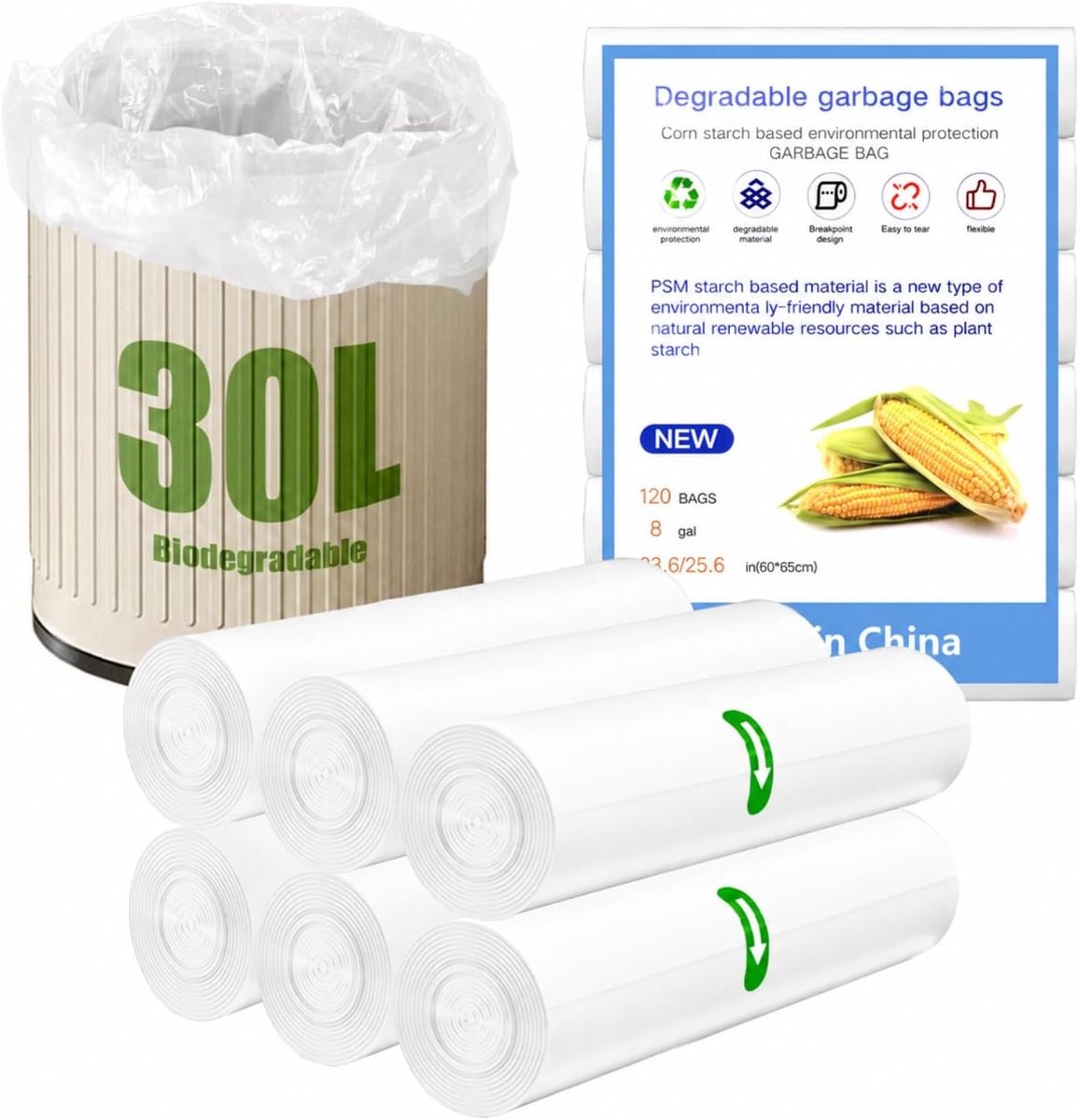 SnelShoppen - 120 Biologische Vuilniszakken 30L - Scheurvaste, Lekvrije Vuilniszakken voor Thuis, Keuken, Woonkamer, Kantoor - 6 Rollen 60x65cm, Wit