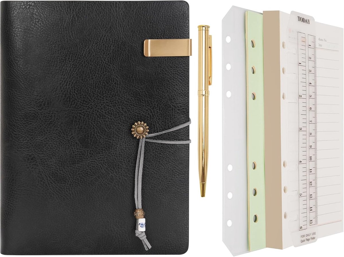 SnelShoppen - Leren Dagboek Gevoerd Papier Notitieboek met Pen - Navulbaar 6-Ring Bindmiddel - Spiraaldagboek met Vintage Hoes - Ideaal voor Kantoor,