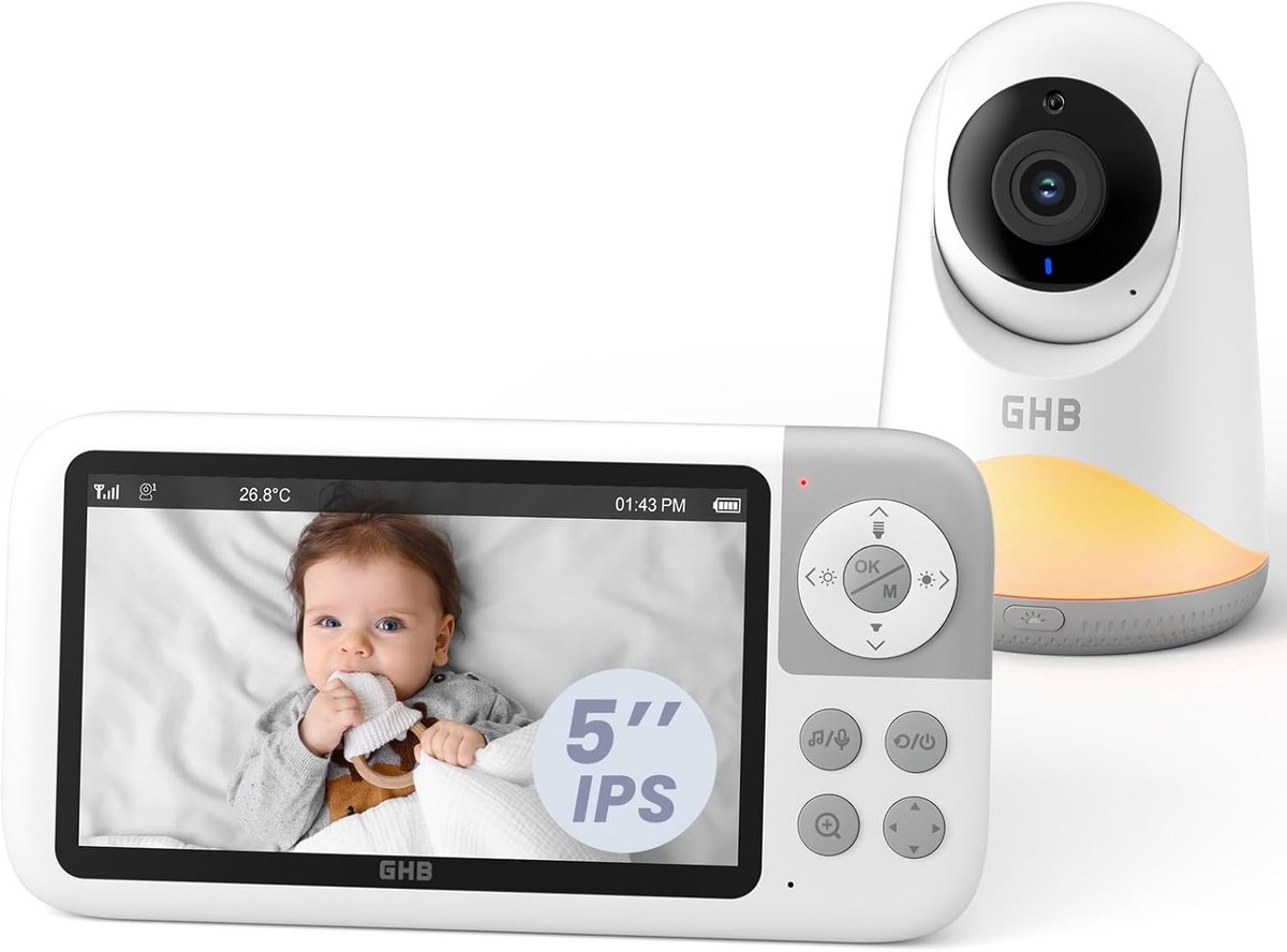 SnelShoppen - GHB Babyfoon met Camera, 5 Inch HD IPS-Scherm, 720p, 3050 mAh, VOX-Modus, 3x Zoom, Nachtzicht, Intercomfunctie, 8 Wieg Liedjes, Onderste