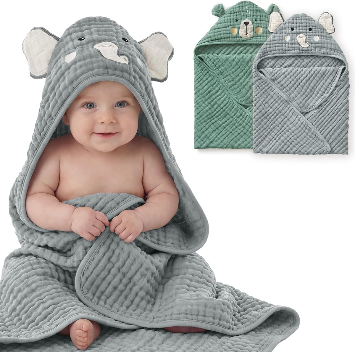 SnelShoppen - 2-Pack Baby Badhanddoeken Met Capuchon, Extra Zacht Mousseline Katoen, 81x81 cm, Sterk Absorberend, Makkelijk Te Wassen, Perfect Cadeau