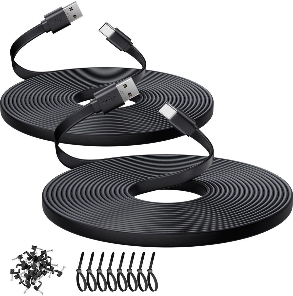 SnelShoppen - 2 stuks 5m USB C-kabel plat type, opladen & gegevenssynchronisatie, USB A naar C kabel, zwart voor beveiligingscamera's, telefoons, Swit