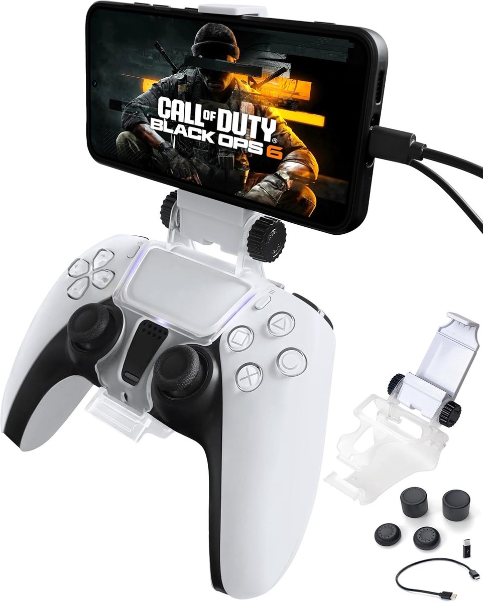 SnelShoppen - PS5 Controller Telefoon Mount Clip voor Draadloze Controller - Ondersteuning iPhone & Android met OTG USB Type C & Micro USB Kabel - Inc
