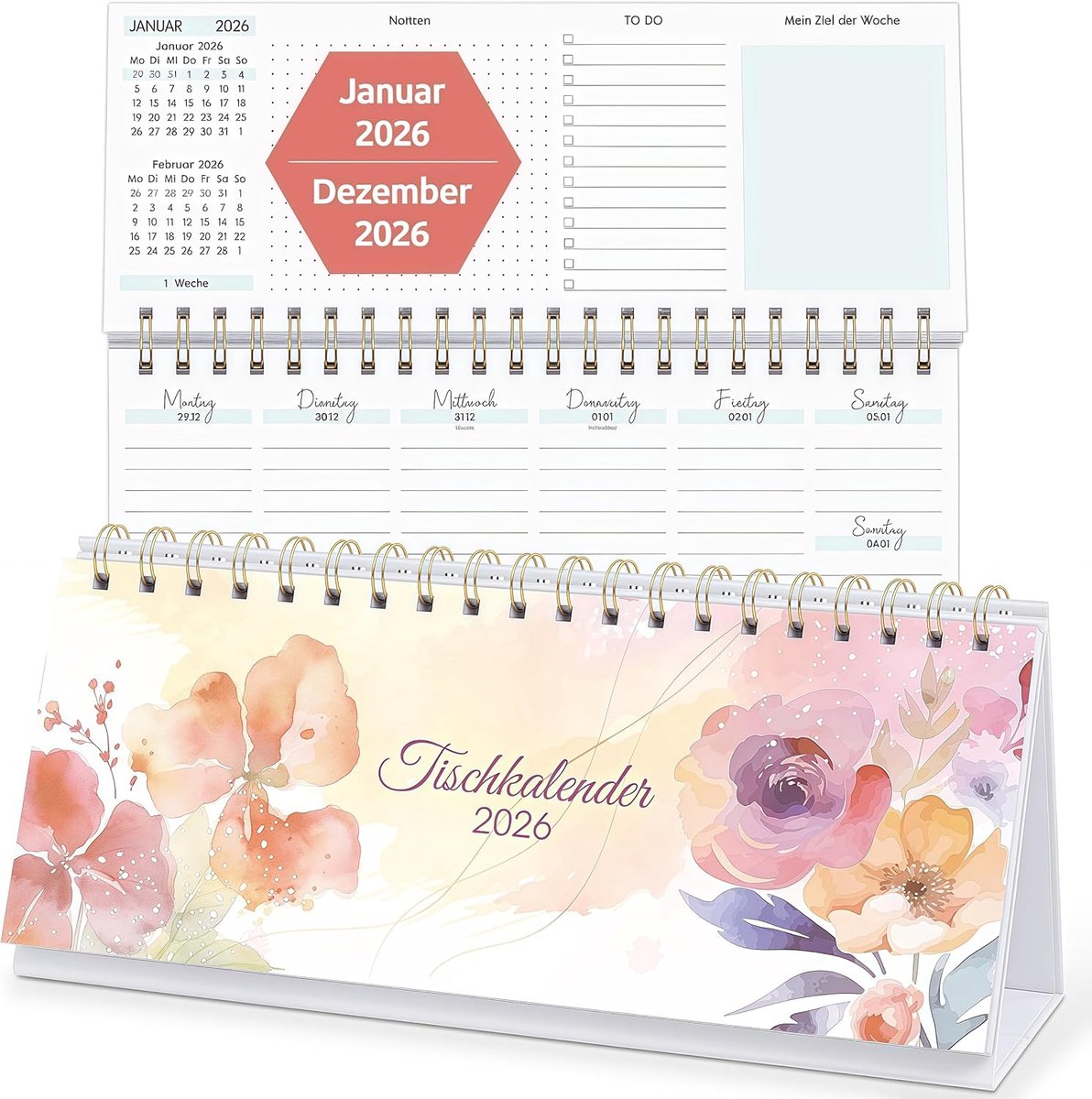 SnelShoppen - Tafelkalender 2026 met Staander - Weekkalender 1 Week 2 Pagina's - Bureaukalender met Notities en To-Do's - Formaat 29,7 x 11,6 cm