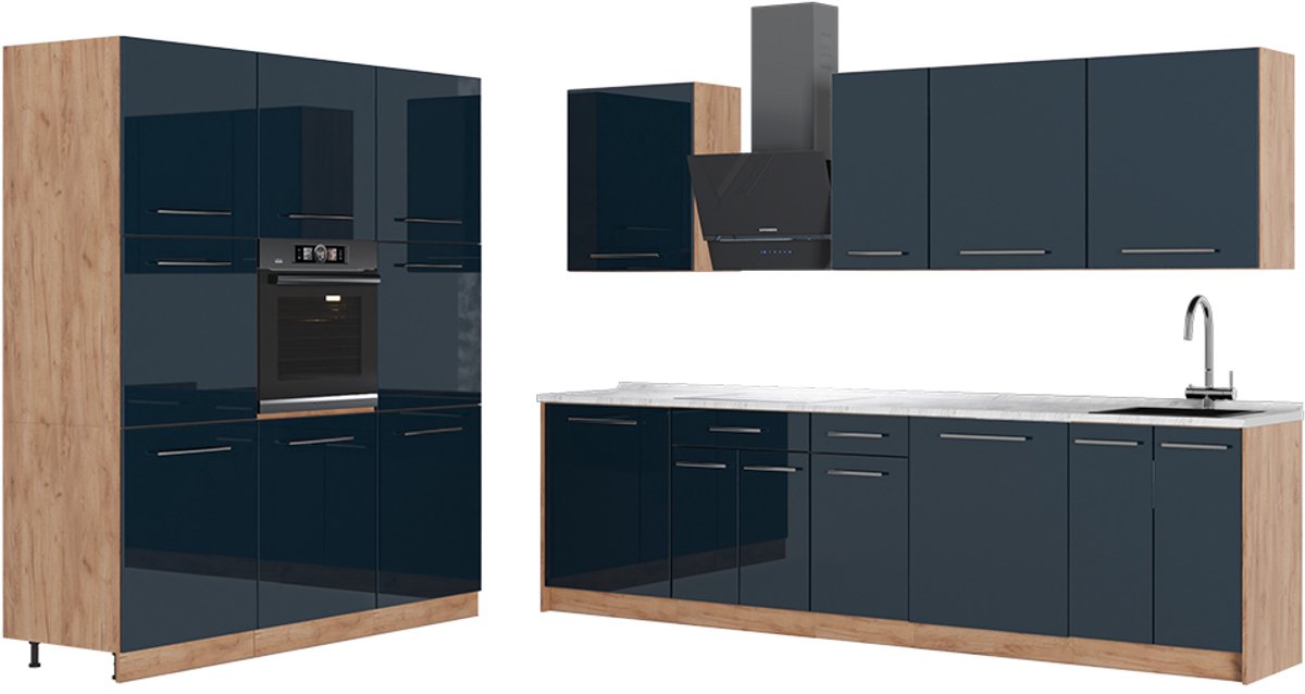 Vicco Complete keukeneenheid Fame-Line, Donkerblauw hoogglans/Goudkleurig Eiken, 460 cm, WB Marmer
