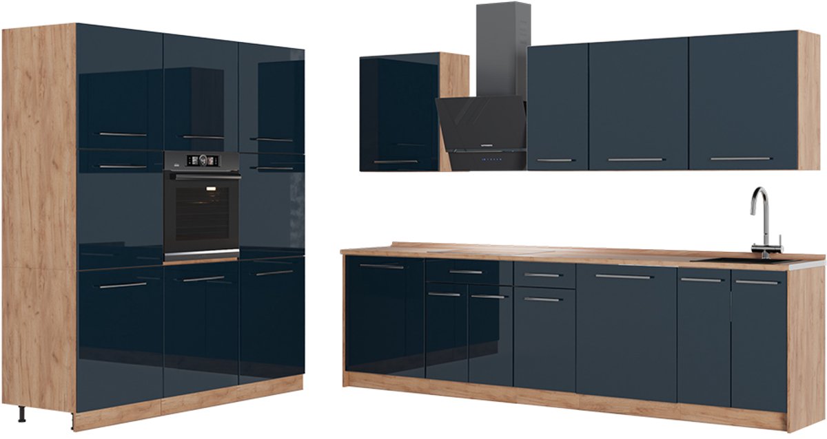 Vicco Complete keukeneenheid Fame-Line, Donkerblauw hoogglans/Goudkleurig Eiken, 460 cm, WB Eik