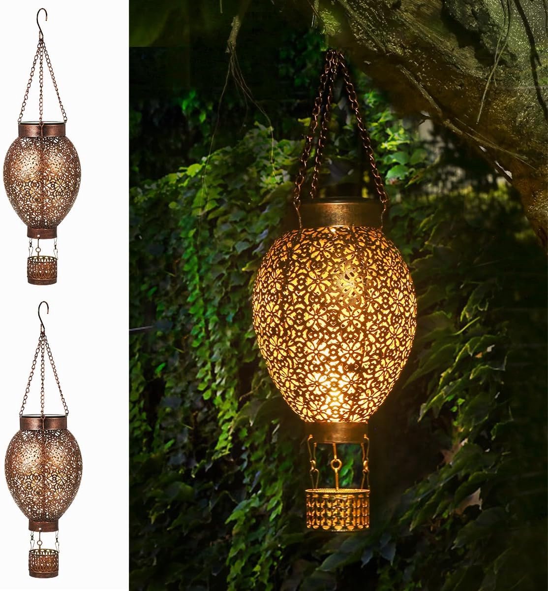 SnelShoppen - Outdoor Solar Lights 2 Pack IP65 Waterdichte Buiten Metalen Solar Lantaarns - Hangende Oosterlandse Tuinverlichting voor Balkon, Patio,