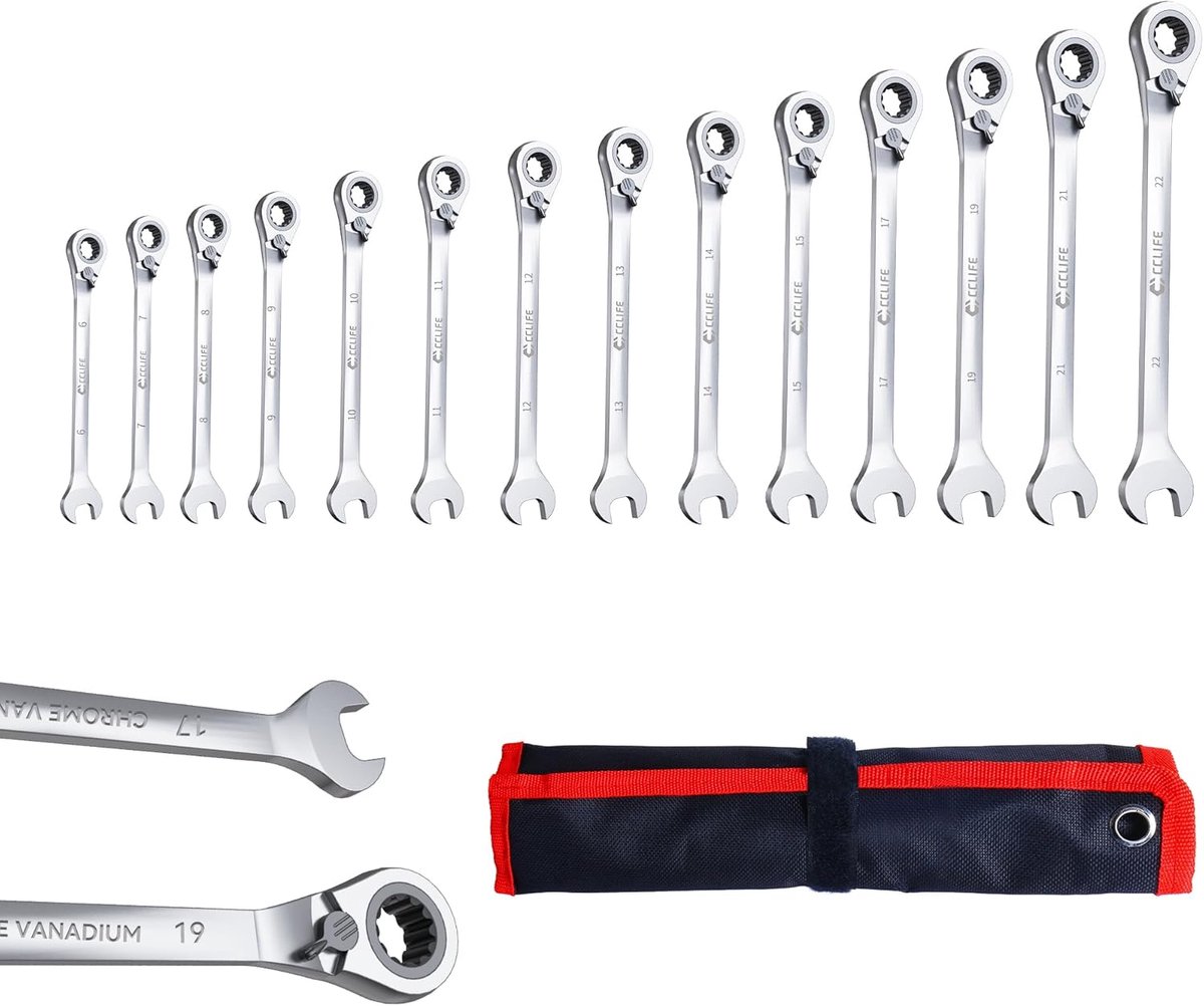 SnelShoppen - 14-delige Omkeerbare Ratelsleutel Set, Ring Ratelsleutels en Steeksleutels 6-22 mm, Cr-V 72 Tanden, Auto Reparatie Gereedschap Set met O