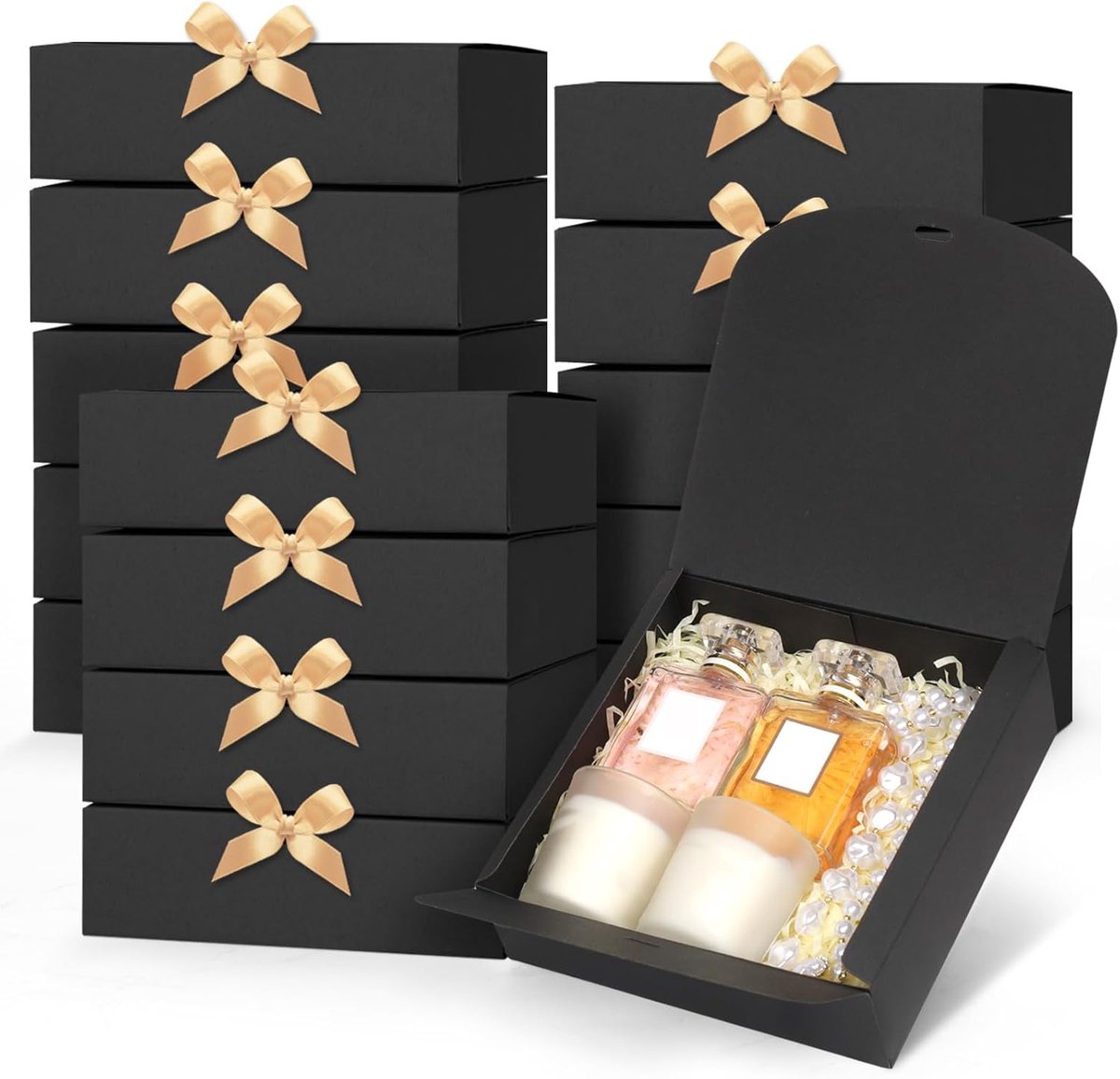 15 zwarte geschenkdozen met deksel en satijnen lint, ideaal voor cadeaus