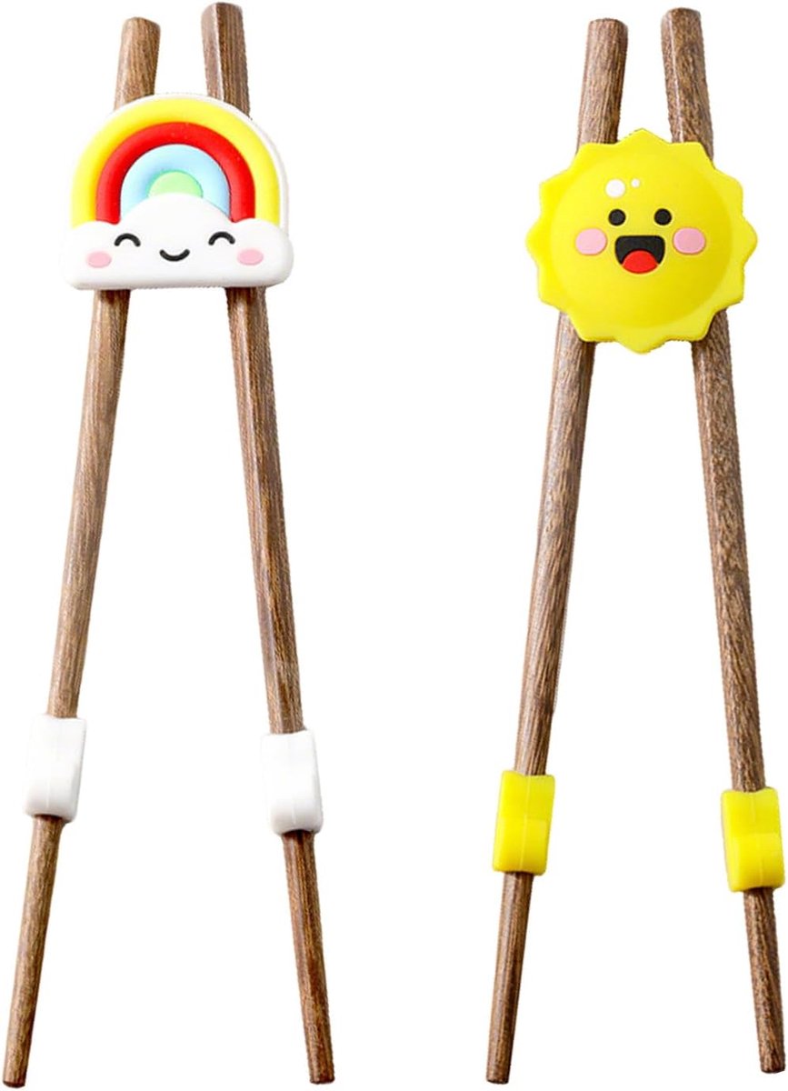 SnelShoppen - 2 Paar Houten Eetstokjes voor Beginners, Makkelijk in Gebruik, Oefenstokjes voor Sushi Set, Gele Zon en Regenboog, Ideaal voor Aziatisch