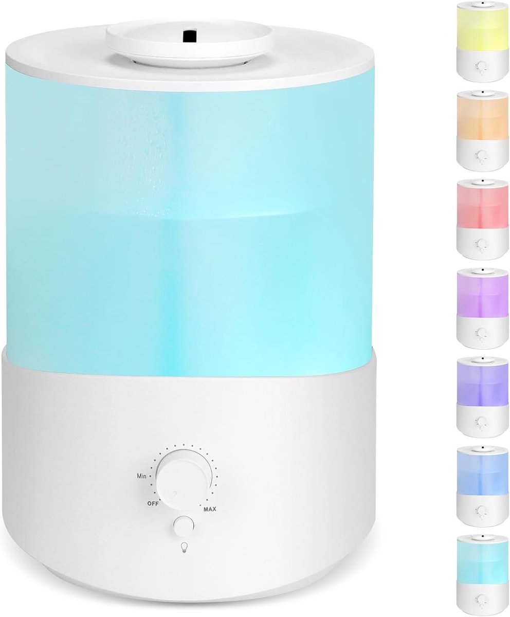 SnelShoppen - 2-in-1 Luchtbevochtiger en Essentiële Olie Diffuser 2.5L met 28 Uur Loopduur, 23 dB Stil, Automatische Uitschakeling, 7 LED Kleuren, Wit