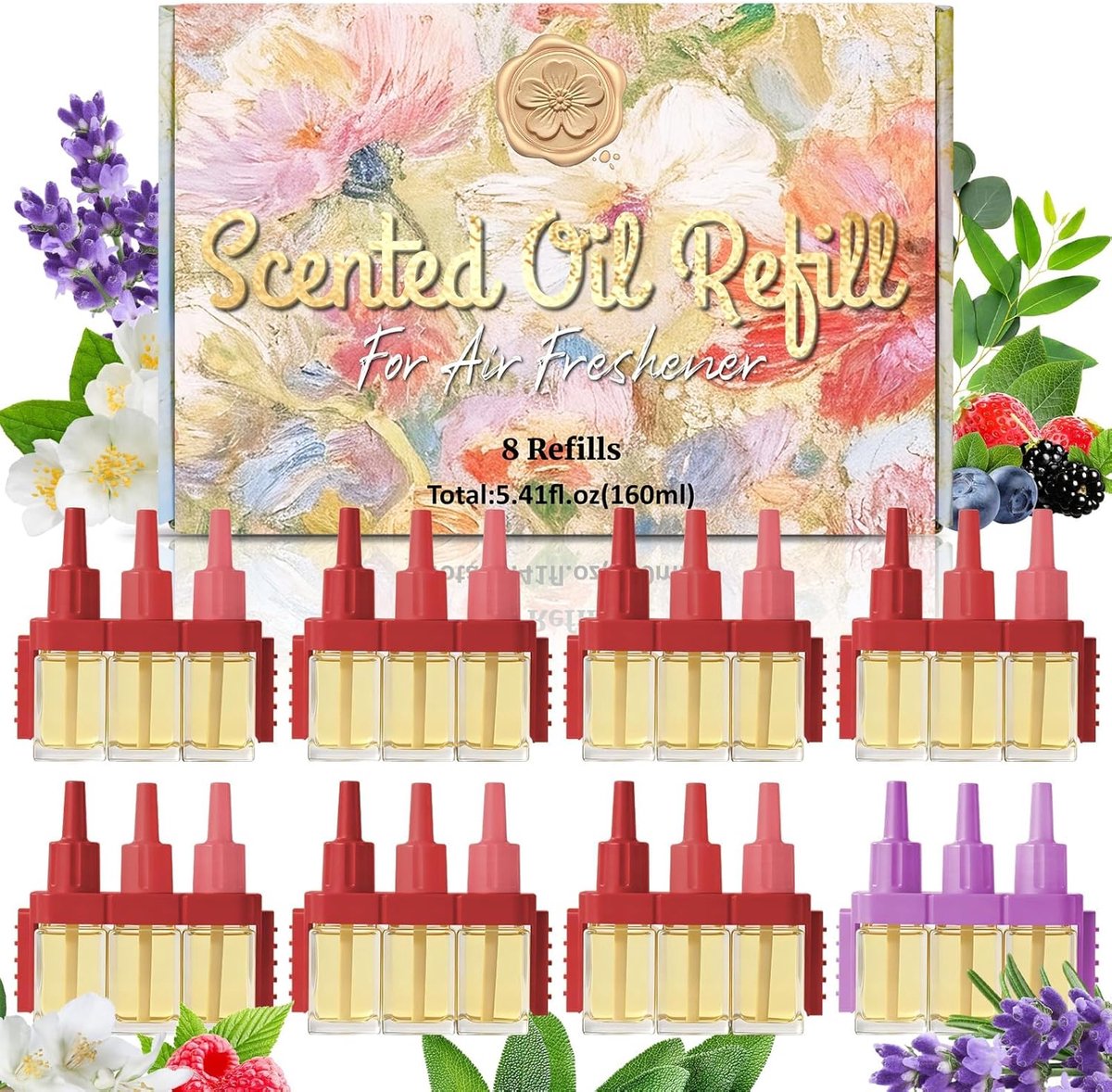SnelShoppen - Geurolie Navulling 8 Stuks voor Febreze 3Volution Geurstekker - Framboos, Jasmijn, Bessen, Lavendel en Eucalyptus Salie - Kamerguur voor