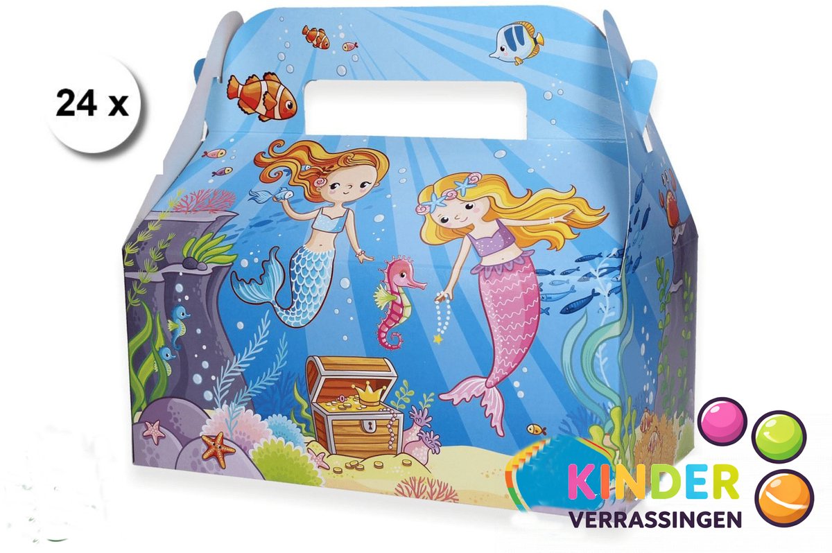 24 stuks menubox smulbox traktatiedoosje Kidsbox - ZEEMEERMIN - 22 (lengte) x 11.5 (breedte) x 10 cm hoogte tot vouwpunt - uitdeeldoosje - kinderfeestje
