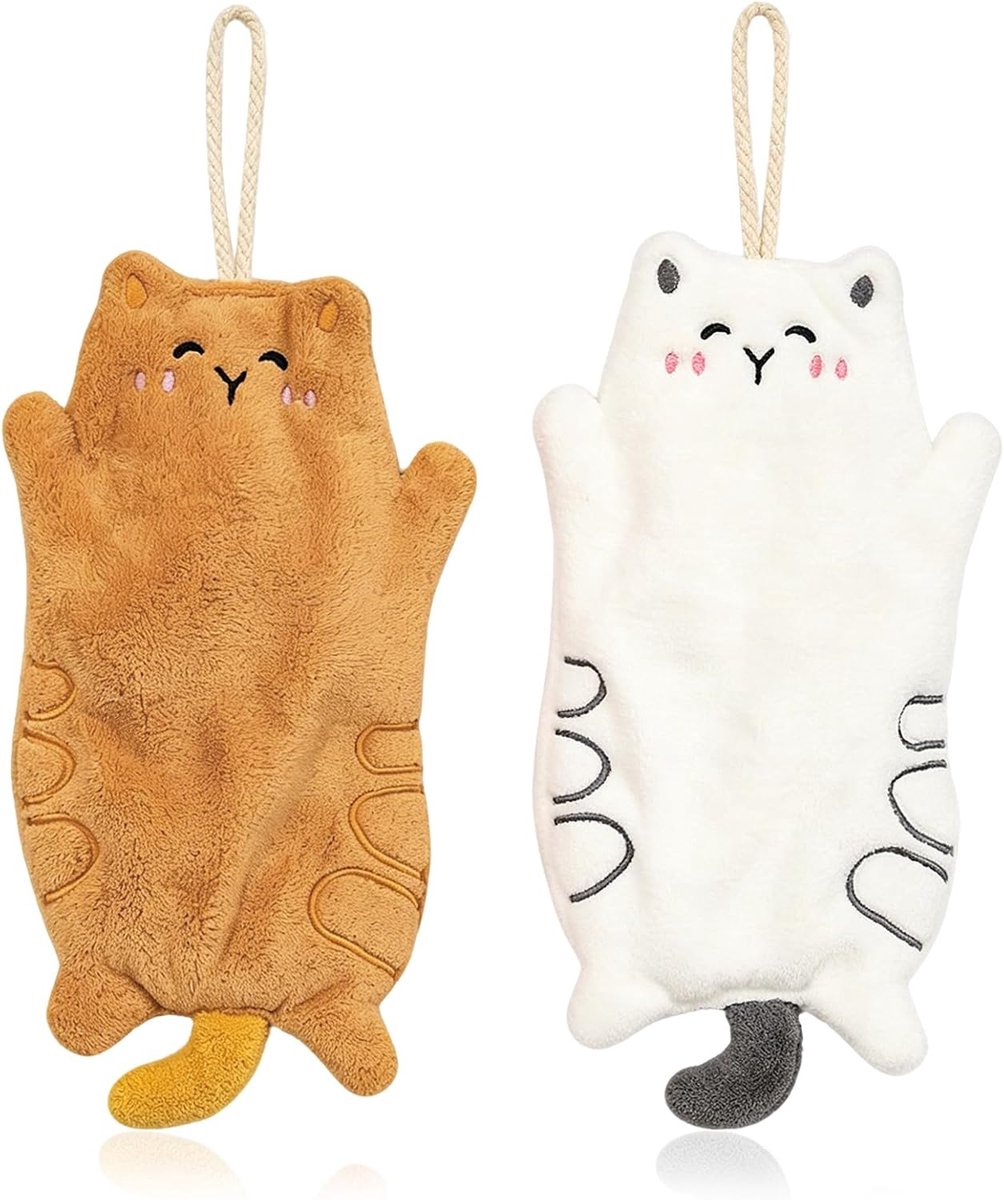 SnelShoppen - 2 Stuks Gastenhanddoeken Set - Zachte Koraalvlies Handdoeken met Schattig Kattendesign - Absorberende Handdoeken voor Keuken en Badkamer