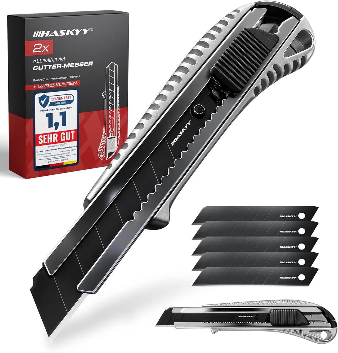 SnelShoppen - Cutter mes set 2-delig - Snijmes/hobbymes met 5 SK5 staalbladen 18 mm, ergonomisch handvat, vergrendeling & snelwisselsysteem voor preci