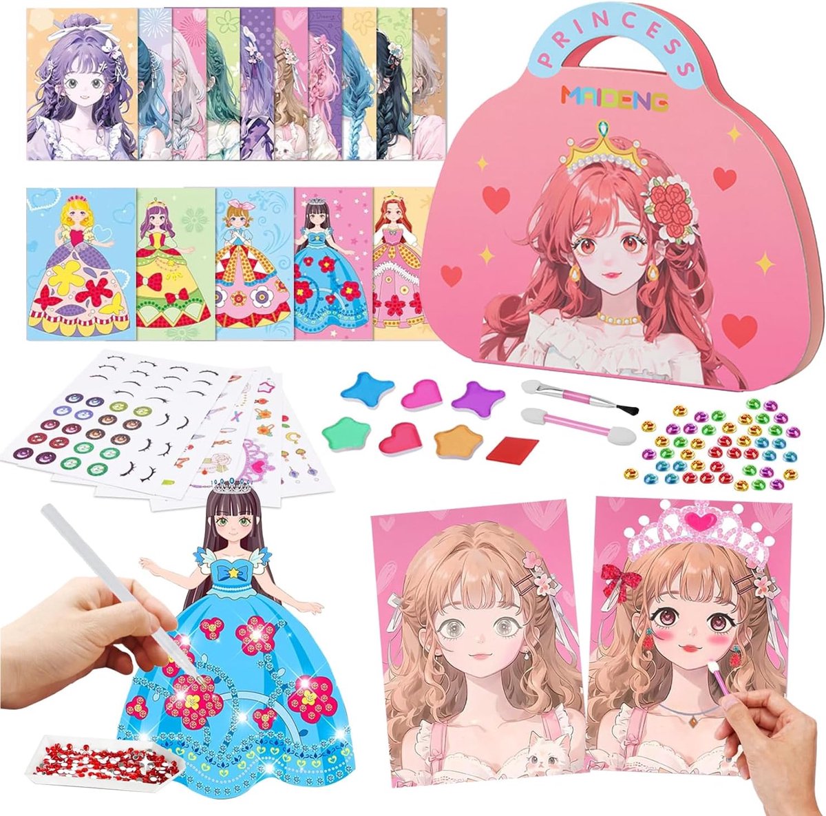 SnelShoppen - Princess Dress Me Up Stickerboek Creatieve Set voor Meisjes 15 Jaar en Ouders - DIY Handverf Set met Make-Up, Dress Up & Diamant Schilde