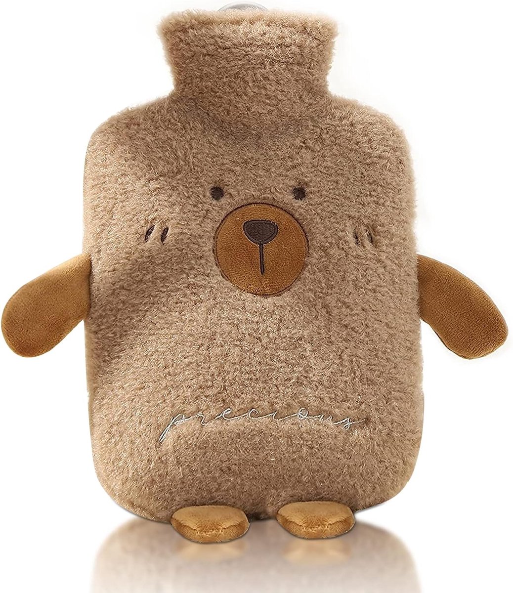 SnelShoppen - Hot Water Bottle 1 Liter Bruine Beer met Zachte Cashmere Cover, Verwarmingsfles voor Kinderen en Volwassenen, Wasbare en Verwijderbare H